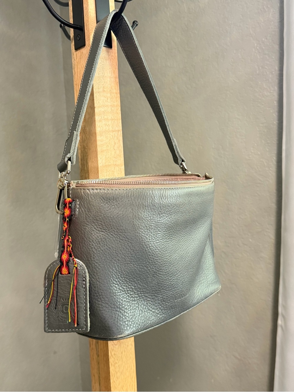 Consuela Gray Pebbled Leather Shoulder Bag with Braided Tag Accent